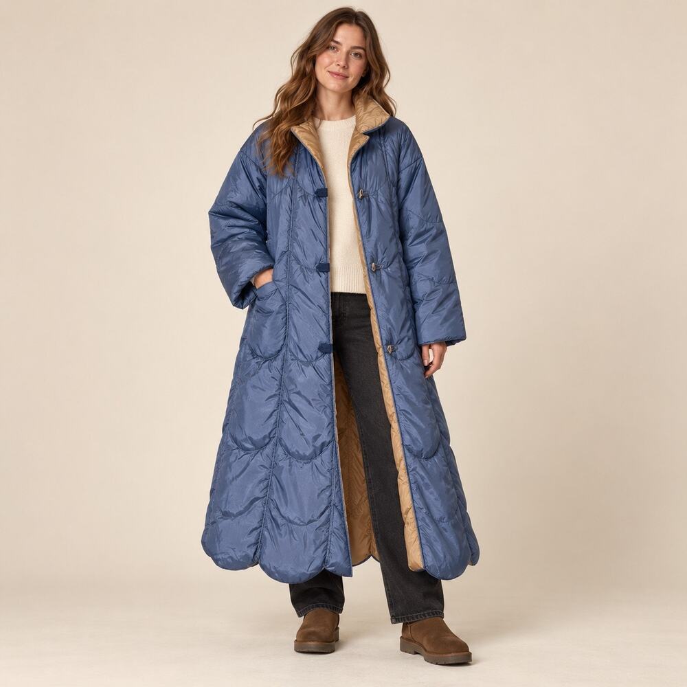 Vintage Totes Reversible Long Quilted Puffer Coat Blue Tan Women’s XS